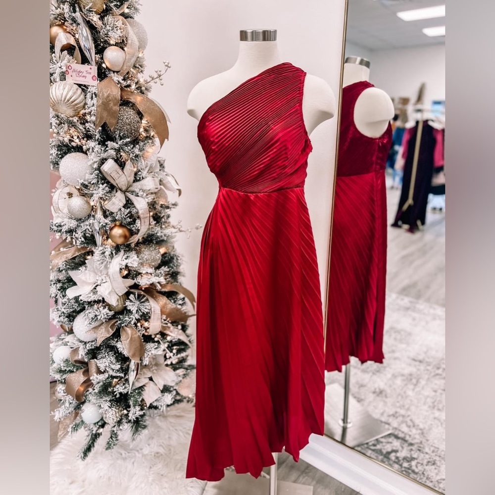 Beautiful holiday dress. Marigold/dark red one shoulder, pleated midi.